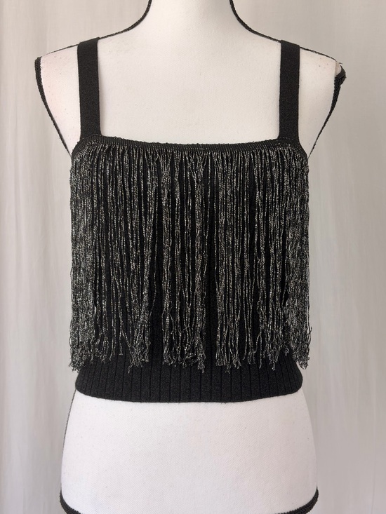 fab'rik Tops - Fab’rik Black Silver Metallic Fringed Knit Crop Tank Top square-neck size Medium